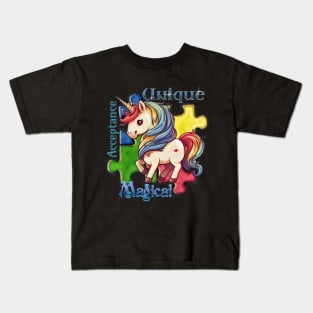 Autism Awareness Kawaii Unicorn and Puzzle Pieces Kids T-Shirt